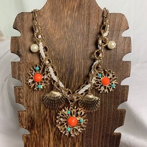 Charming Charlie Nautical Shell Coral Statement Necklace Gold Orange Turquoise